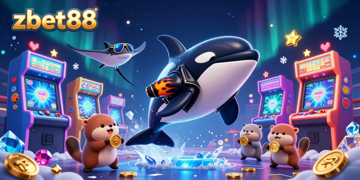 Experience vibrant gaming at zbet88 with a cartoon whale, stingray, and otters surrounded by casino elements.