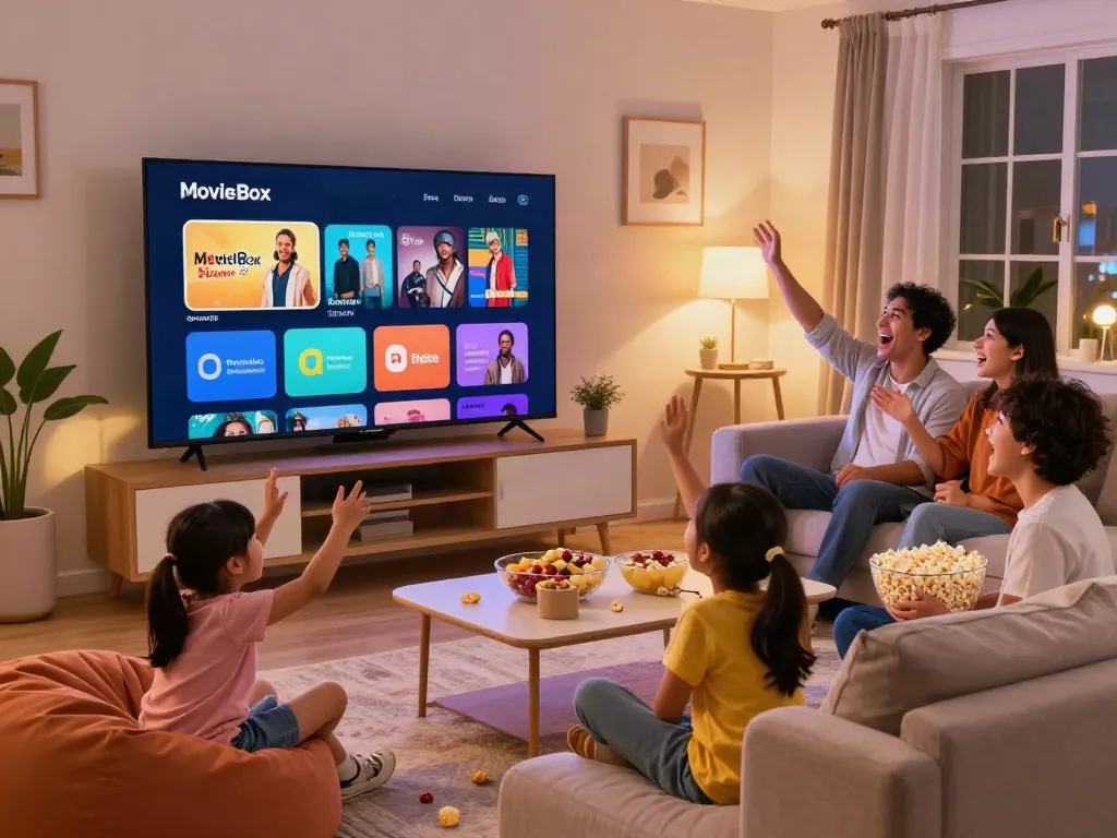 Family enjoying a movie night with MovieBox app on TV in a cozy living room.
