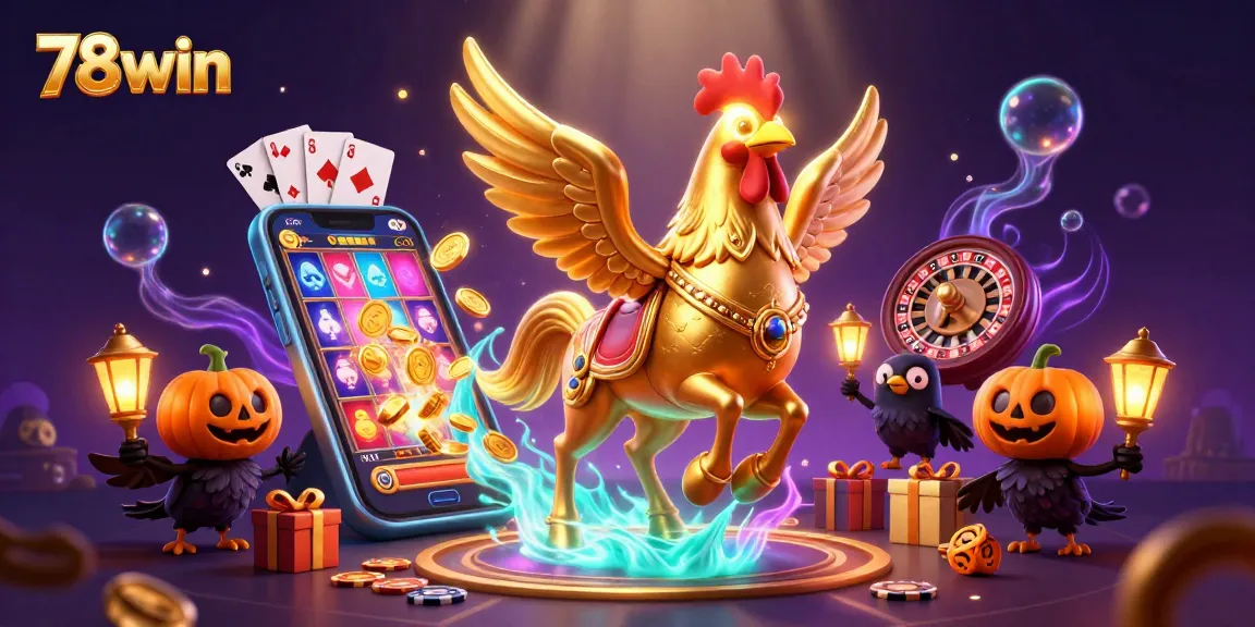 Engage in thrilling adventures with 78win, featuring a golden rooster in a magical casino scene.
