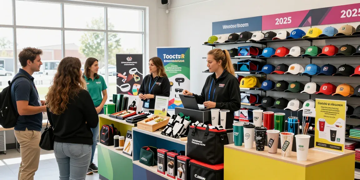 Promotional products showcase in a vibrant retail showroom with customers exploring custom items.