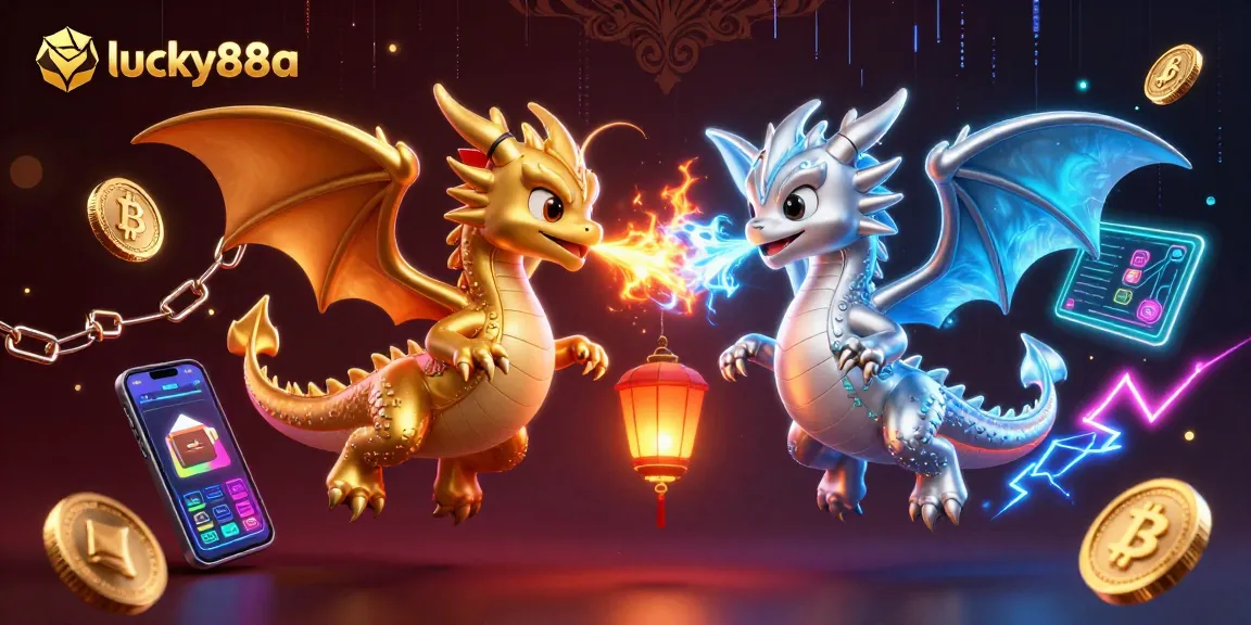 Engage in thrilling games at lucky88a with dragon-themed fantasy elements and crypto icons.