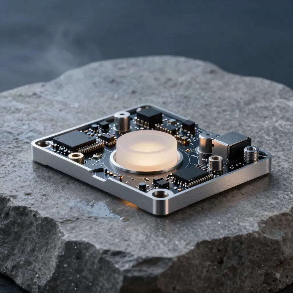 Macro of prototype shells and PCB modules on wet pale stone in dramatic blue-hour light.