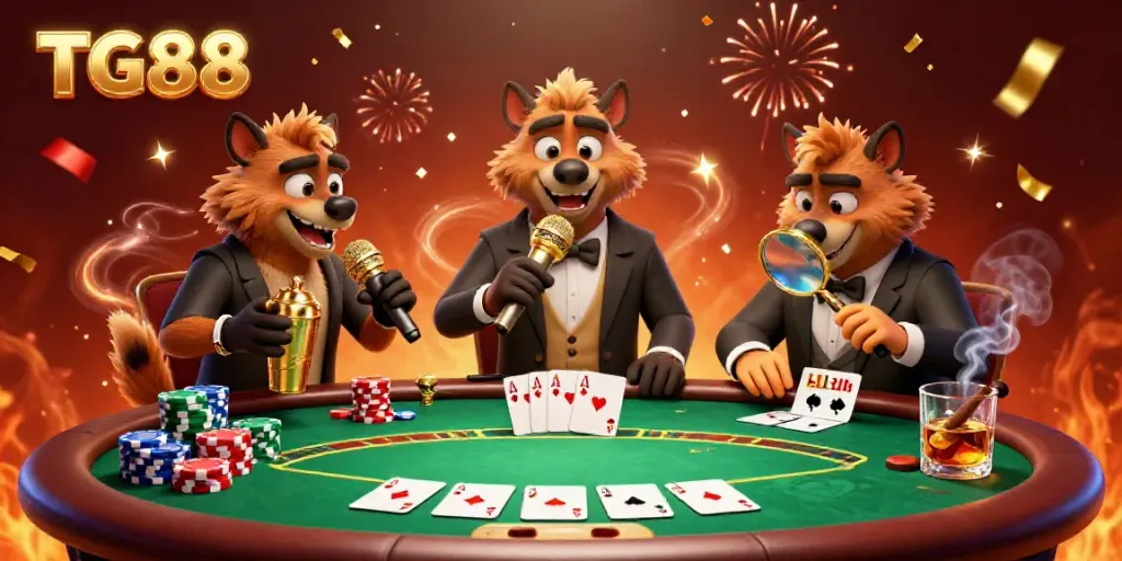 Experience TG88's vibrant casino scene with hyenas entertaining, mixing drinks, and checking IDs.