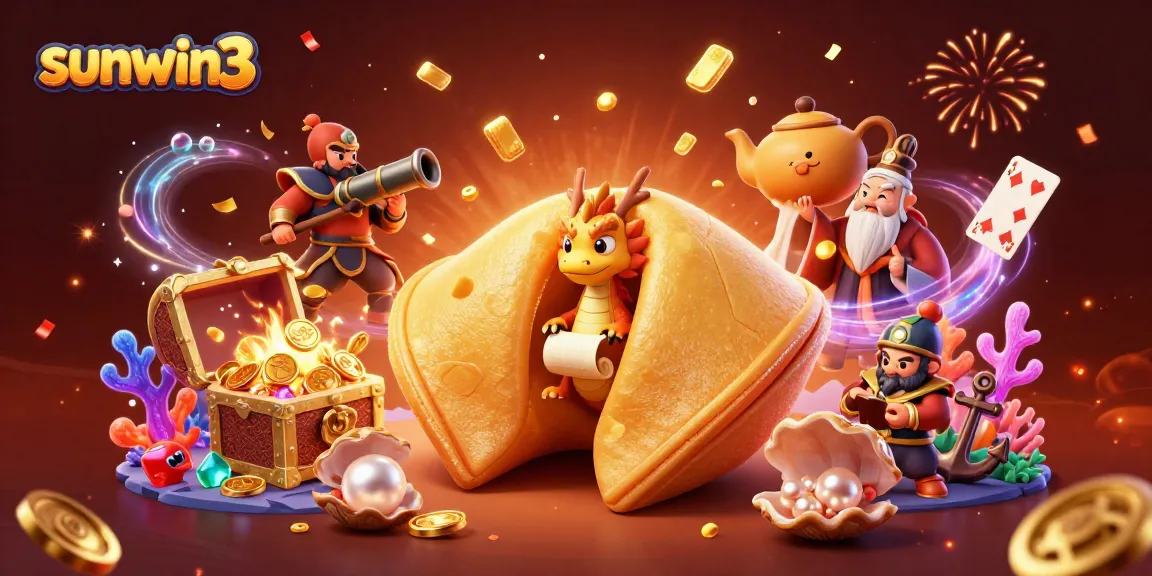 Experience the thrill of sunwin3 with a magical casino scene featuring a fortune cookie, dragon, and treasures!