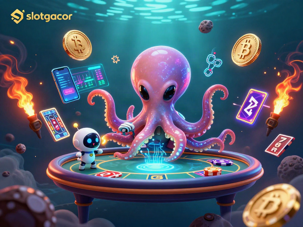 Engage with slotgacor as a vibrant octopus operates a poker table amidst galactic elements.