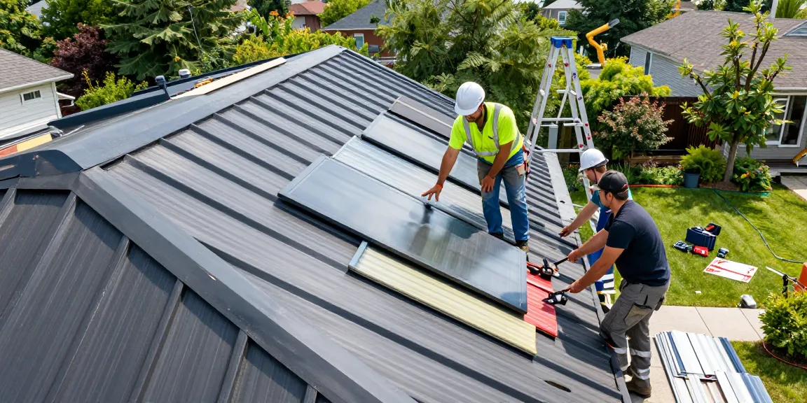Metal roof contractors installing durable roofing on a Toronto home, showcasing teamwork and quality materials.