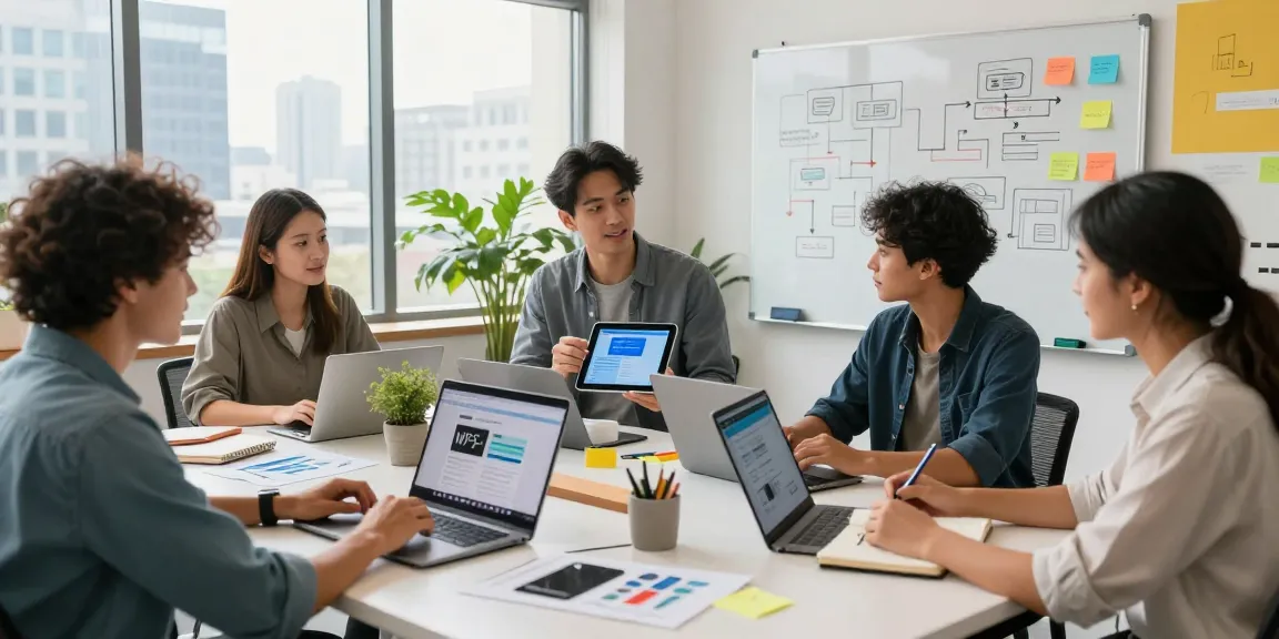 Collaborative workspace with professionals showcasing WPS Official Website on their laptops in a vibrant tech office.