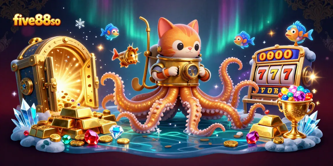 Immerse in the five88so experience as a colossal kraken and diving cat bring casino treasure to life.