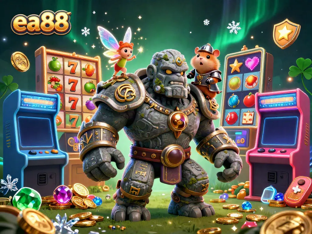 ea88 casino adventure with golem guardian, fairy magic, and hamster knight surrounded by slot machine elements.
