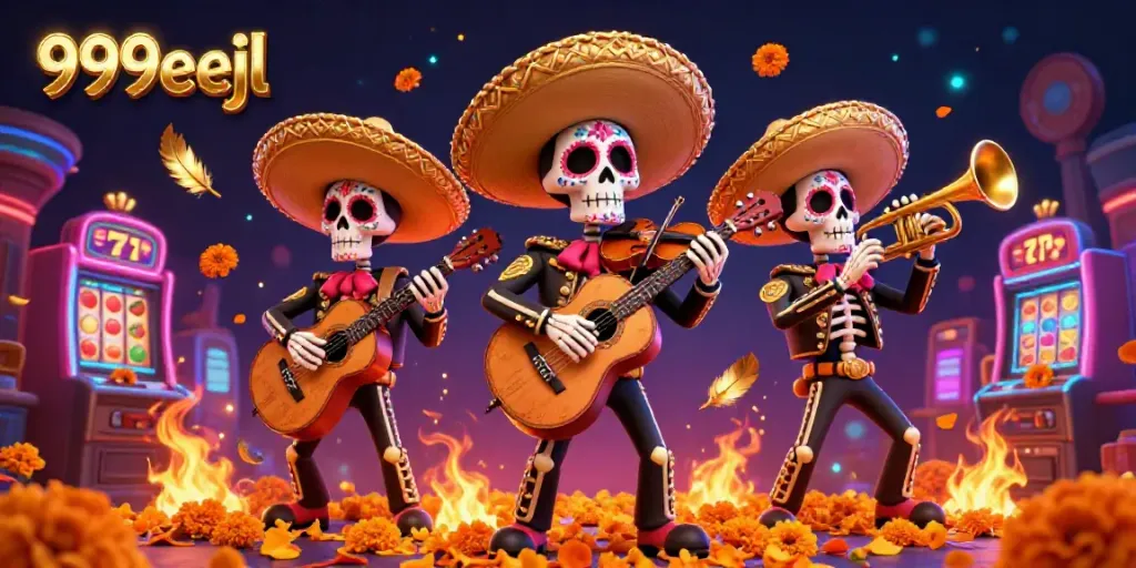 Experience the thrilling world of 999eejl with vibrant mariachi skeletons and slot machines lighting up the scene.