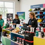 Promotional products showcase in a vibrant retail showroom with customers exploring custom items.