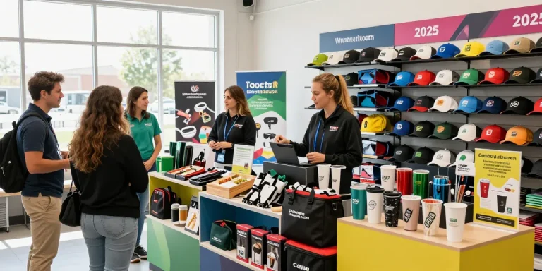 Promotional products showcase in a vibrant retail showroom with customers exploring custom items.